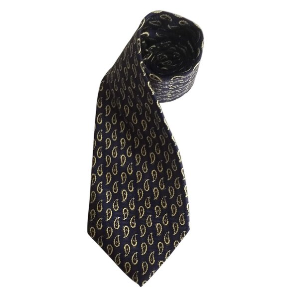 Vintage Polo Ralph Lauren Navy  Yellow Paisley 100% Silk Neck Tie Made in USA - Picture 3 of 6